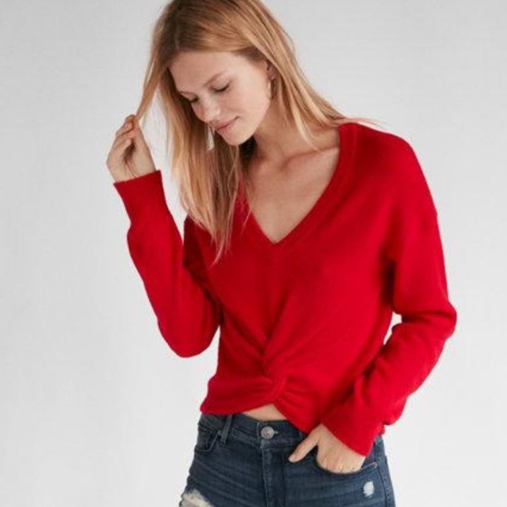 ❤️ EXPRESS Bright Red Knot-Front Long Sleeves V-Neck Brushed Knit Sweater